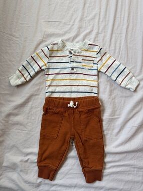 Carter's Cream Henley Top with Stripes & Rust Brown Jogger Set